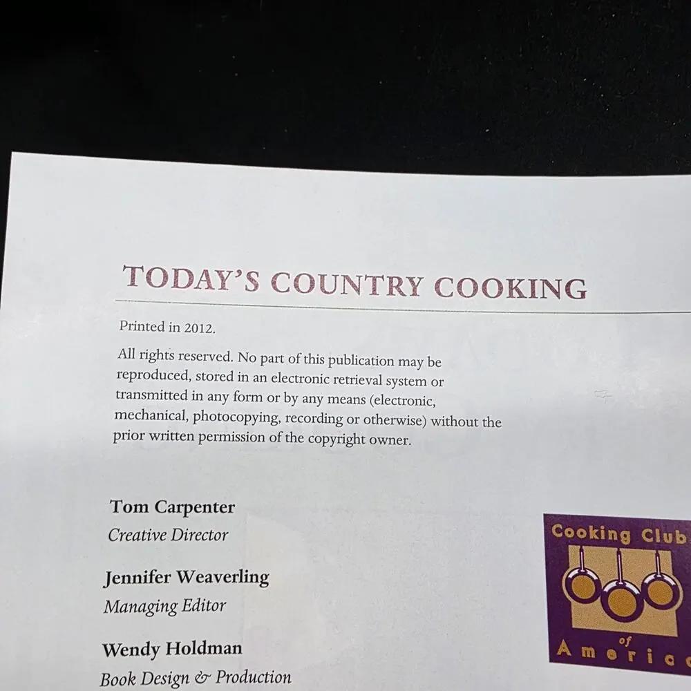 Today's Country Cooking Cookbook Recipes Cooking Club of America 2012 Photos